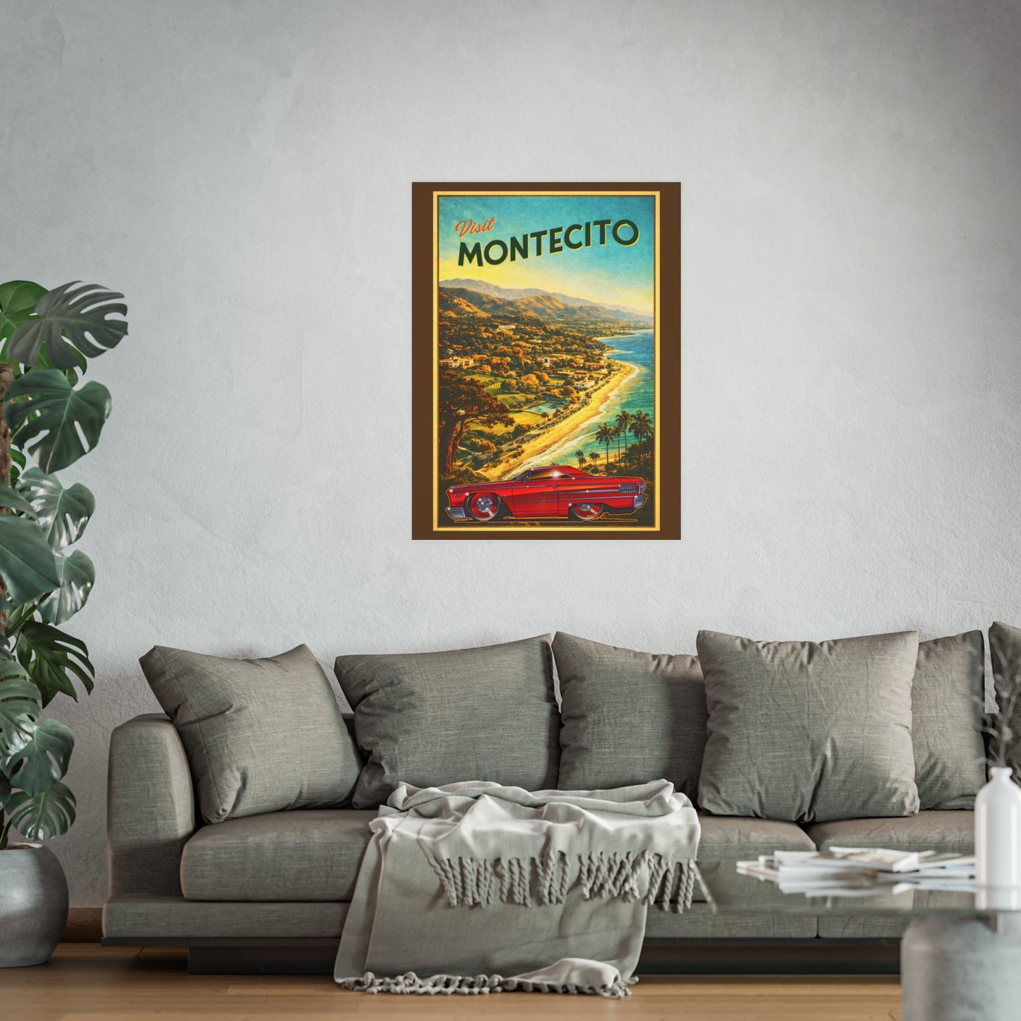 VISIT MONTECITO CALIFORNIA Ford Galaxie 500 Vintage Fireball Art Travel Poster
