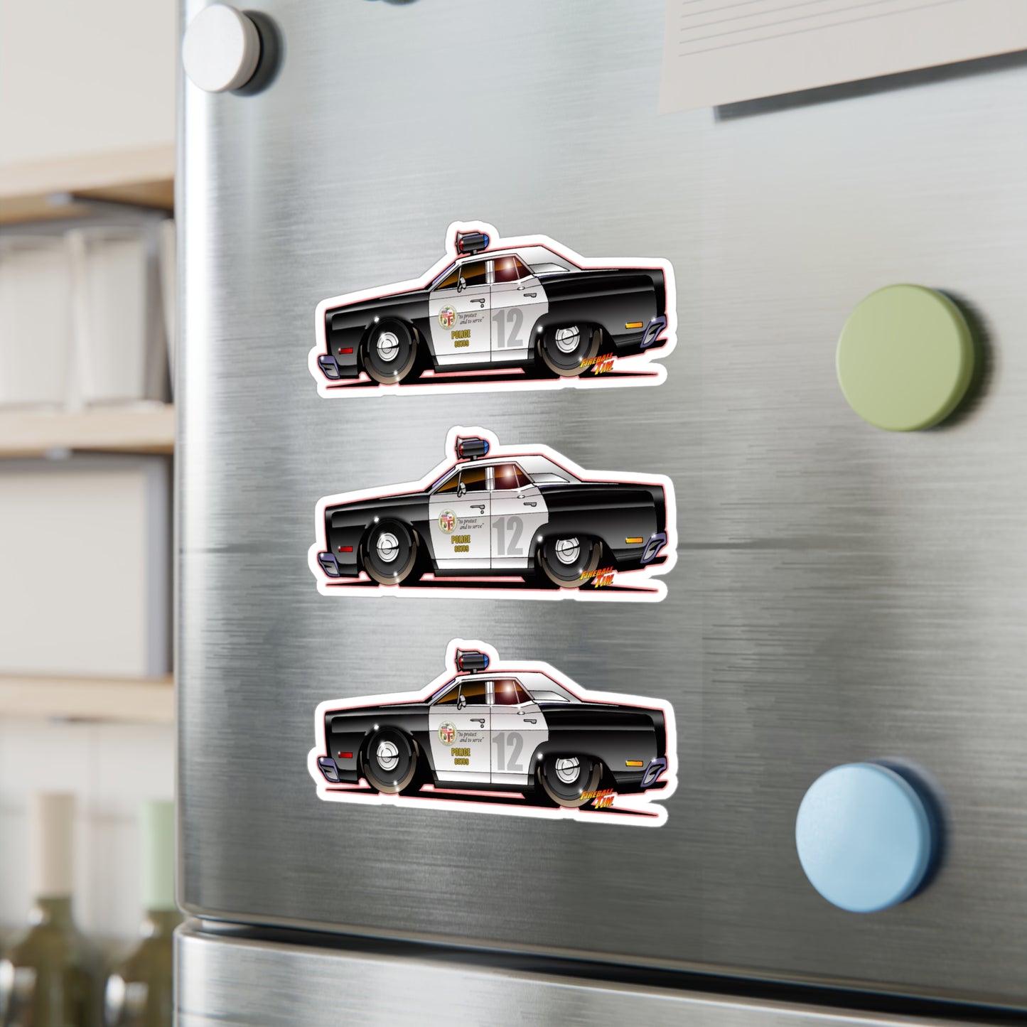 ADAM 12 PLYMOUTH POLICE CAR Fireball Art Collectible Decal Stickers - 4 Sizes