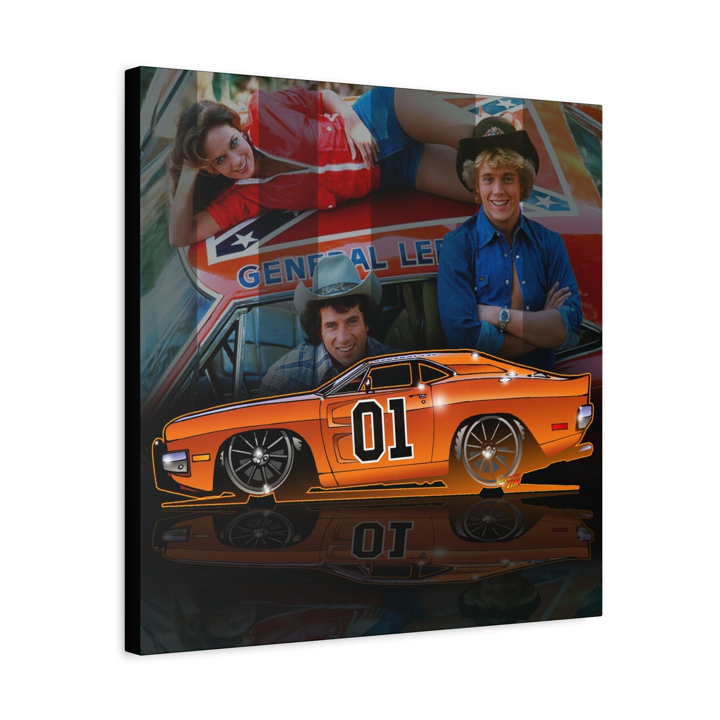 DUKES OF HAZZARD General Lee Dodge Charger Fireball Art Canvas Wall Print - 12x12
