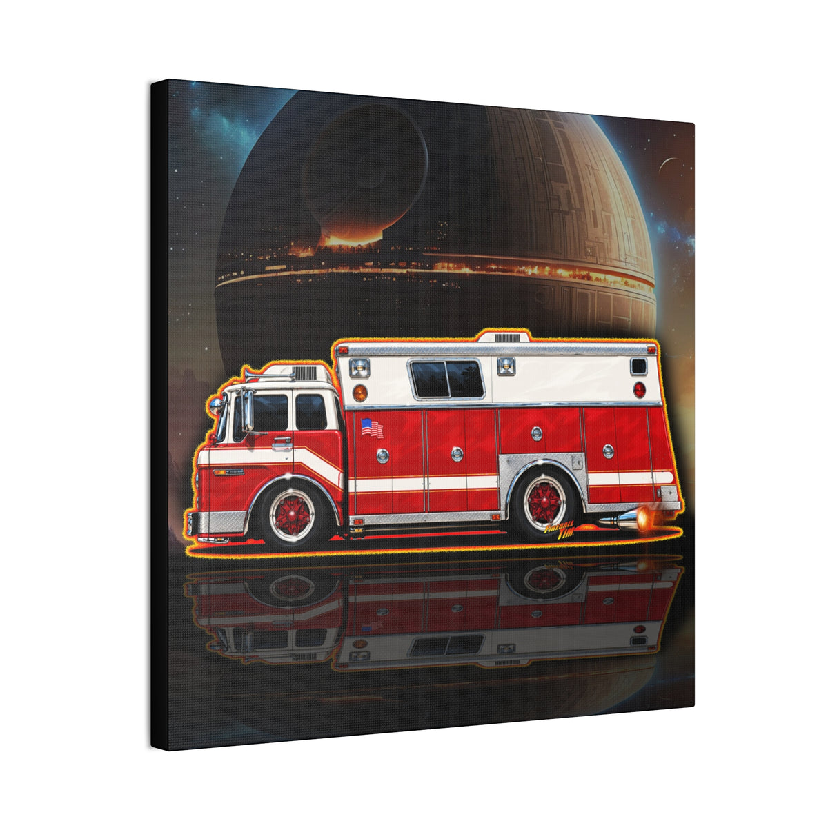 FIRE TRUCK Collectible Fireball Art Canvas Stretched Print