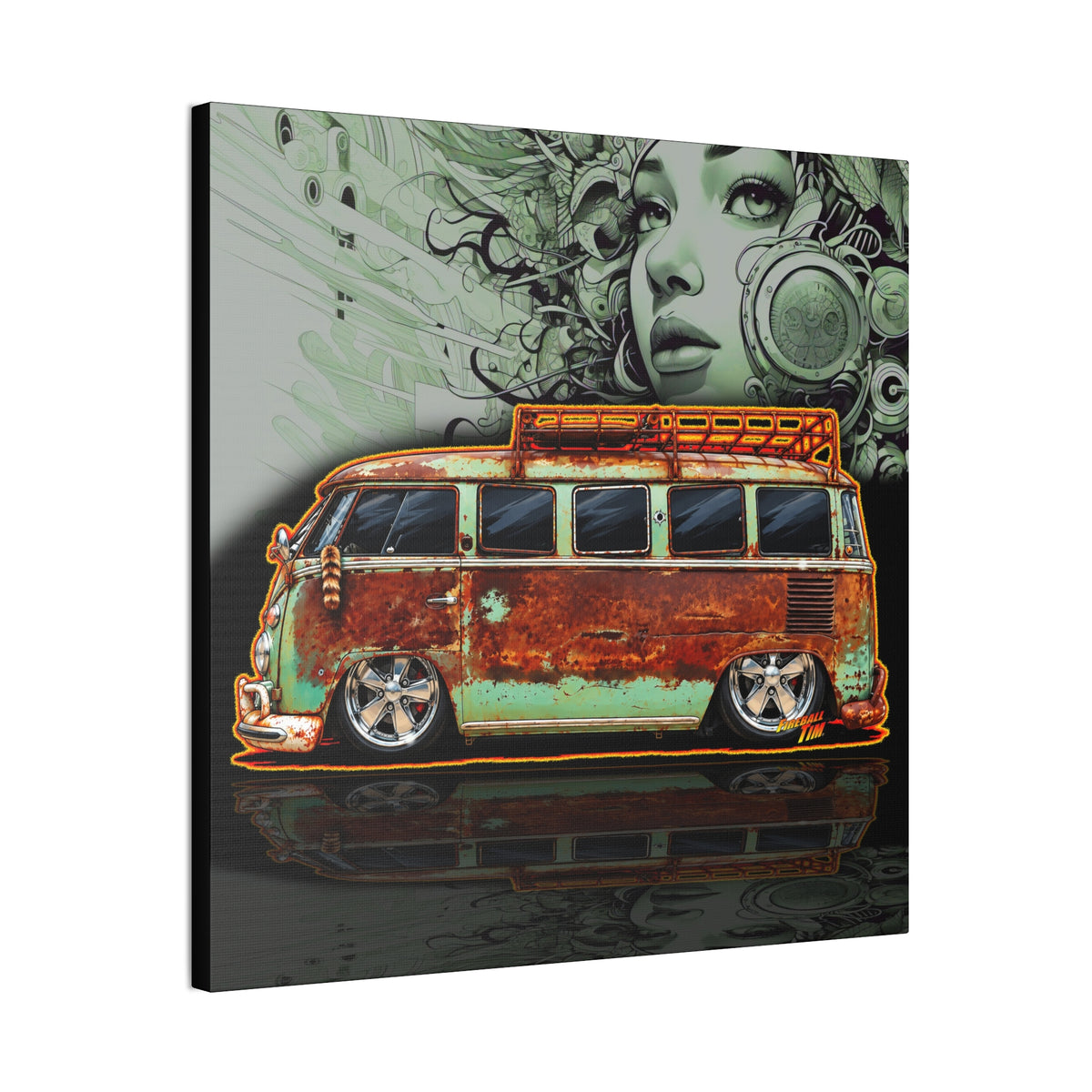 KUSTOM VW VOLKSWAGEN BUS Collectible Fireball Art Canvas Stretched Print