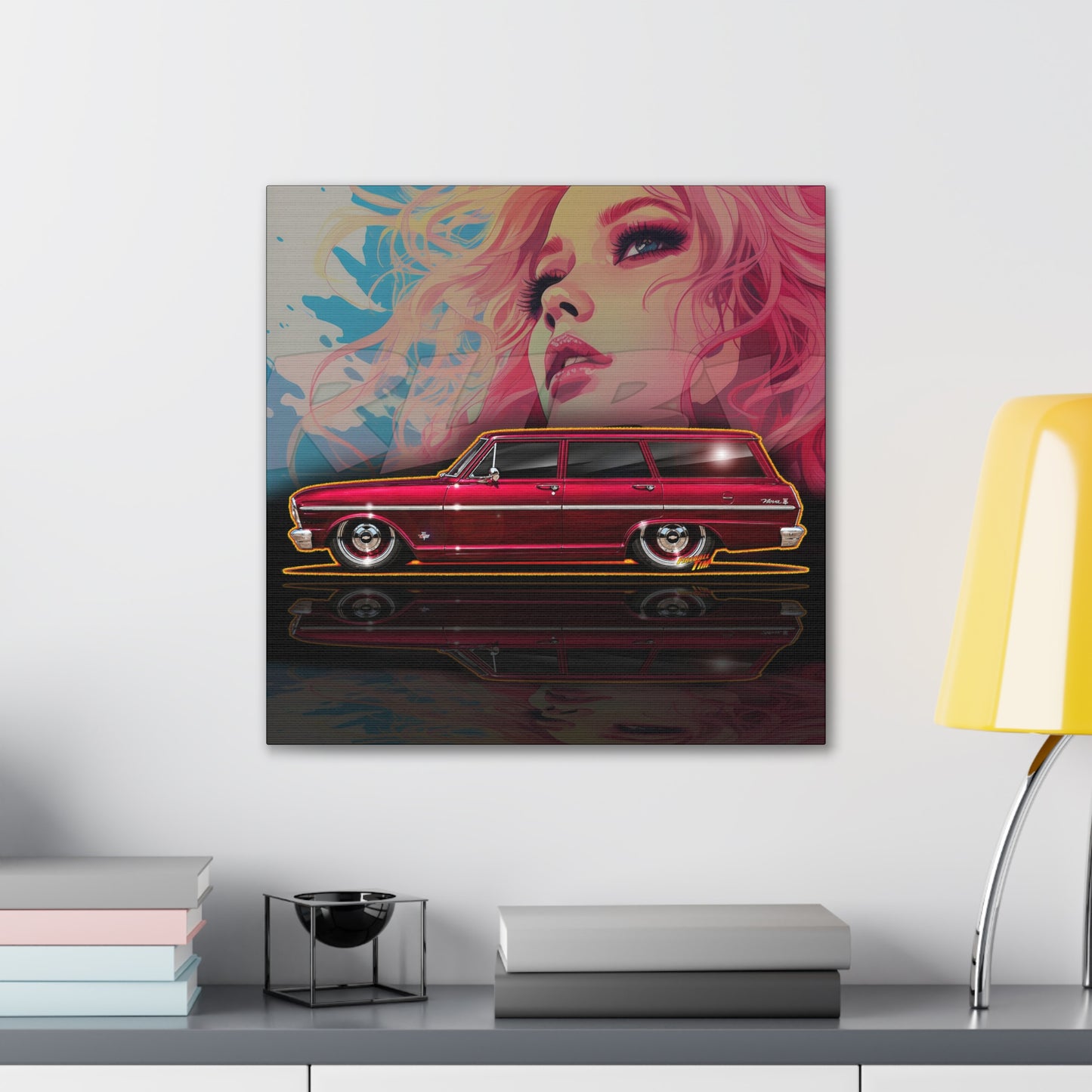 CHEVY NOVA WAGON 1965 Collectible Fireball Art Canvas Stretched Print