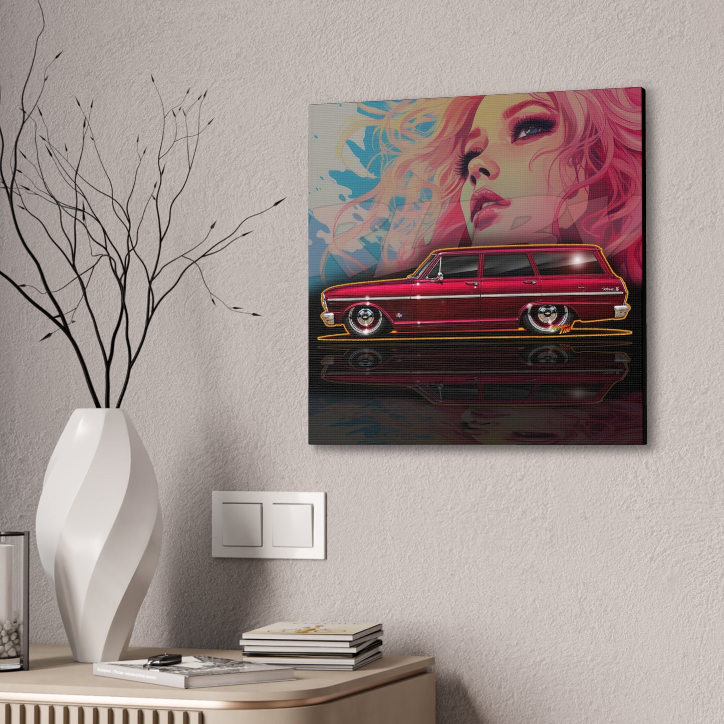 CHEVY NOVA WAGON 1965 Collectible Fireball Art Canvas Stretched Print