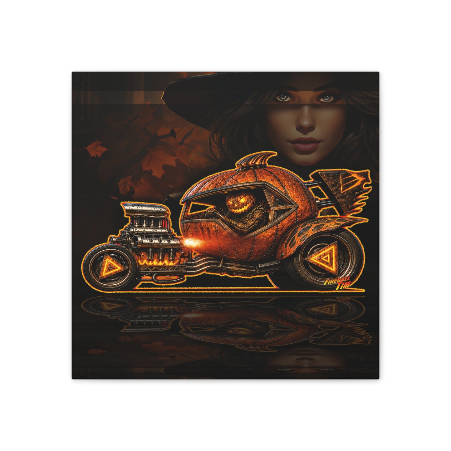 MONSTER MACHINES Halloween Power Pumpkin Collectible Fireball Art Canvas Stretched Print