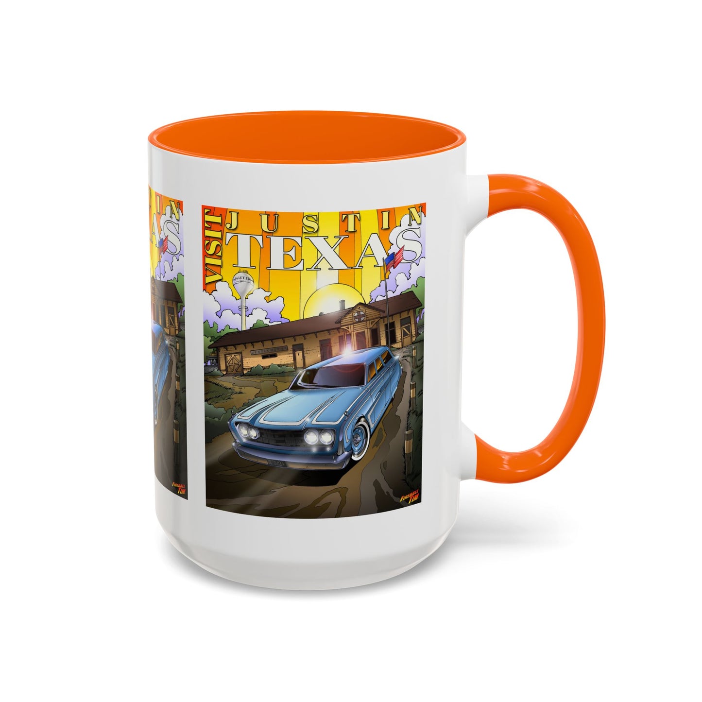 VISIT JUSTIN TEXAS 1960 Ford Ranch Wagon Fireball Art Coffee Mug