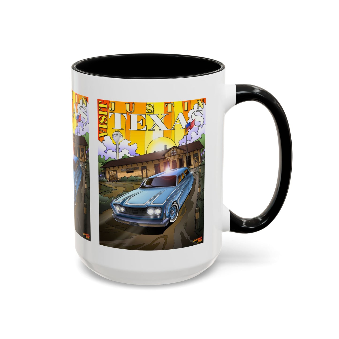 VISIT JUSTIN TEXAS 1960 Ford Ranch Wagon Fireball Art Coffee Mug