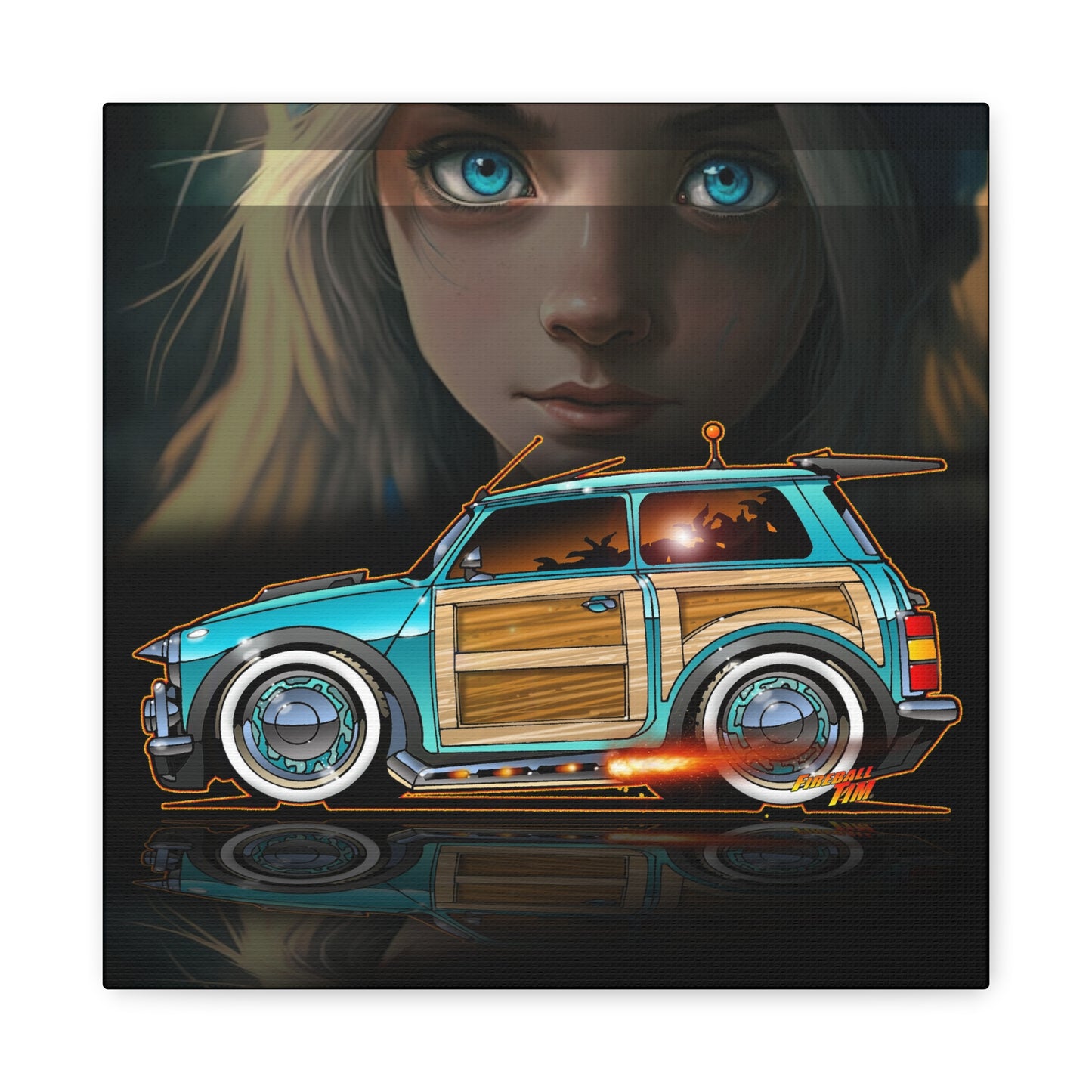 MINI COOPER CUSTOM WOODIE Fireball Art Canvas Print