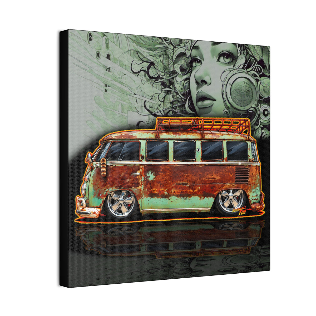 KUSTOM VW VOLKSWAGEN BUS Collectible Fireball Art Canvas Stretched Print
