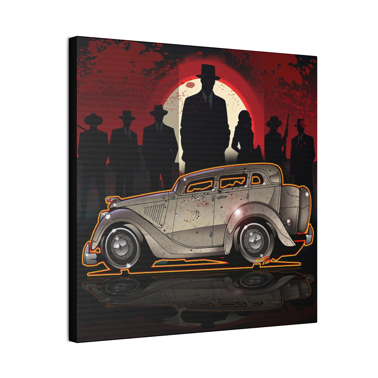 BONNIE & CLYDE 1934 Ford Model 730 Deluxe Sedan Fireball Art Canvas Print - 12x12