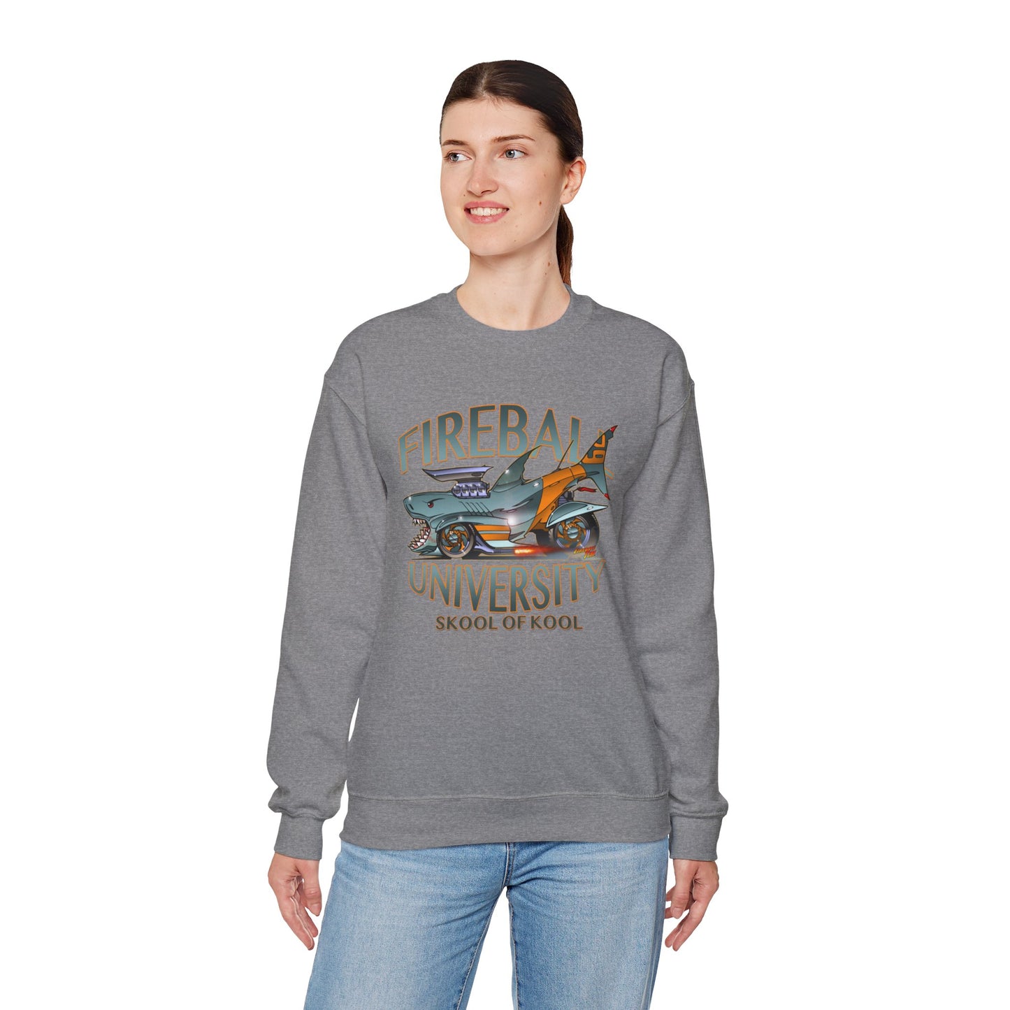 FIREBALL UNIVERSITY Skool of Kool Maneater Shark Hot Rod Concept Art Sweatshirt 5 Colors