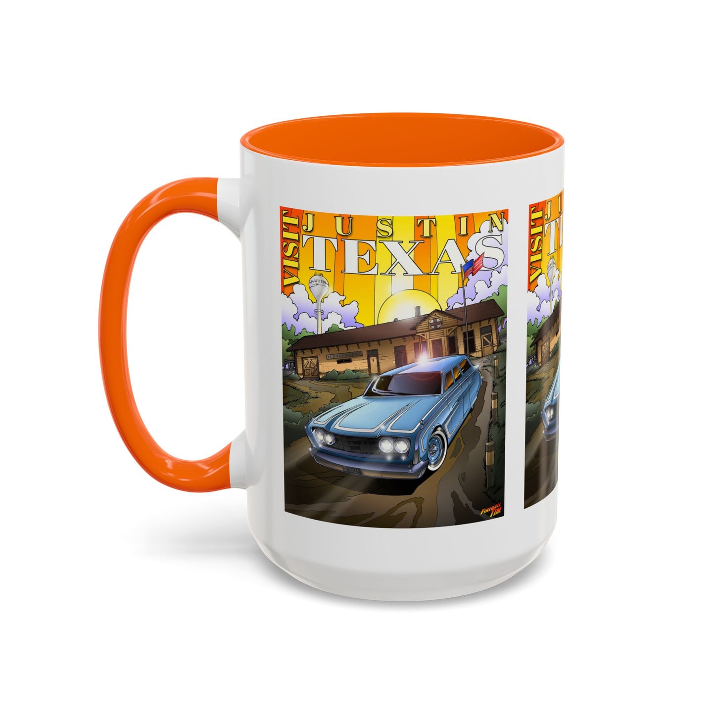 VISIT JUSTIN TEXAS 1960 Ford Ranch Wagon Fireball Art Coffee Mug