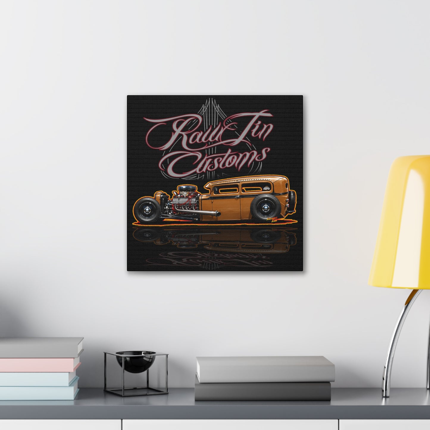 RAWTIN CUSTOMS HOT ROD Collectible Fireball Art Canvas Stretched Print