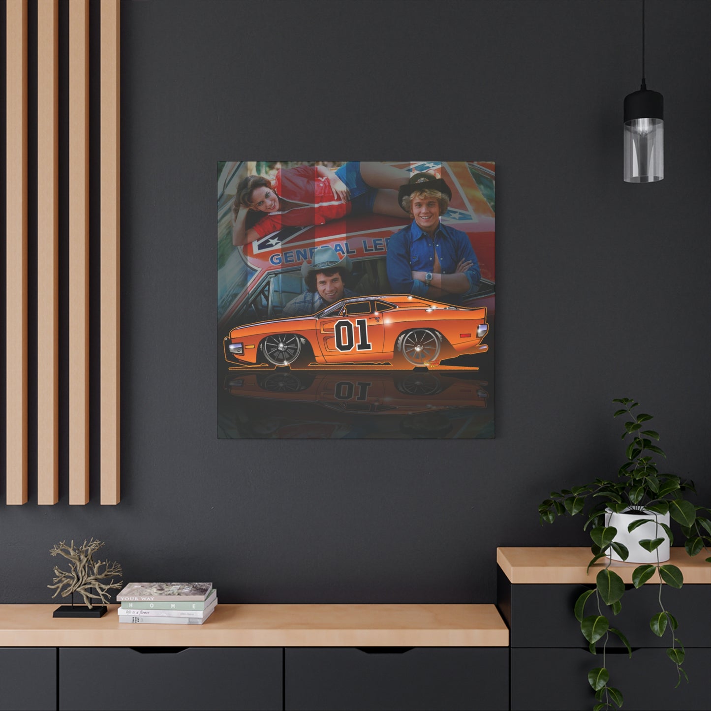 DUKES OF HAZZARD General Lee Dodge Charger Fireball Art Canvas Wall Print - 12x12