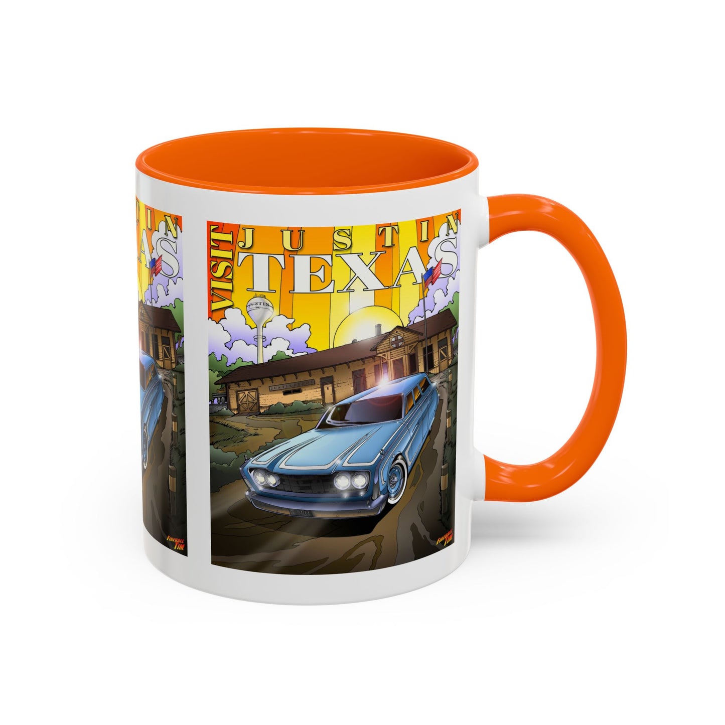VISIT JUSTIN TEXAS 1960 Ford Ranch Wagon Fireball Art Coffee Mug