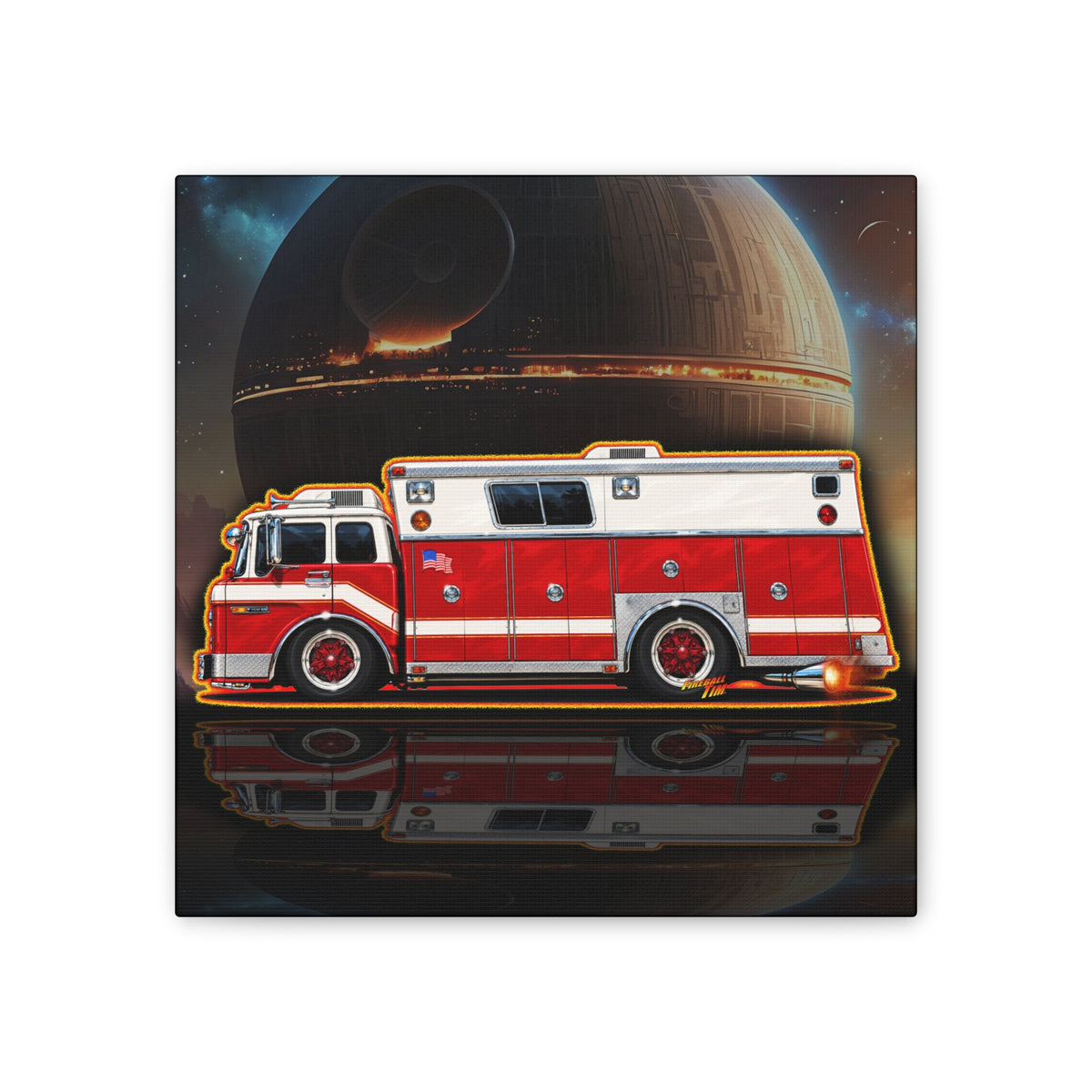 FIRE TRUCK Collectible Fireball Art Canvas Stretched Print