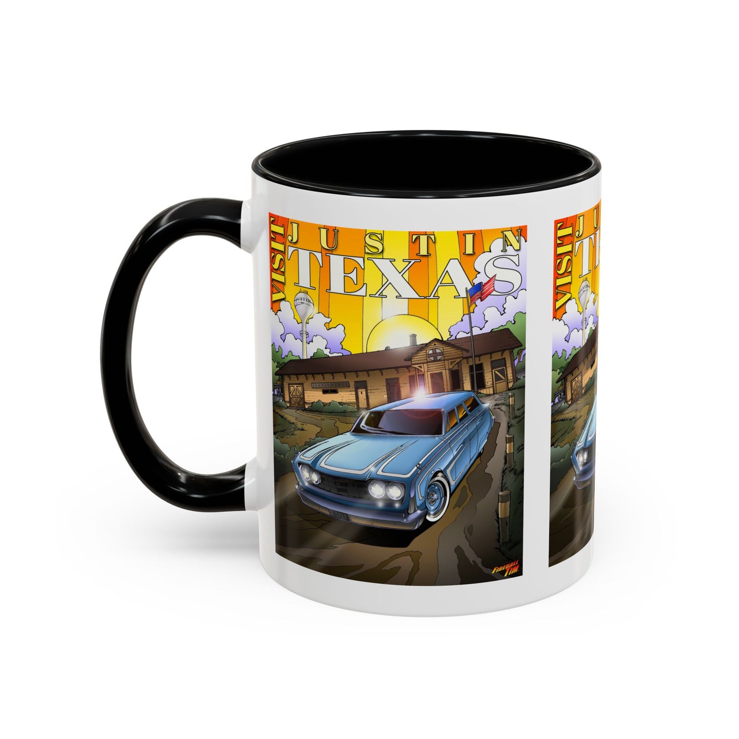 VISIT JUSTIN TEXAS 1960 Ford Ranch Wagon Fireball Art Coffee Mug