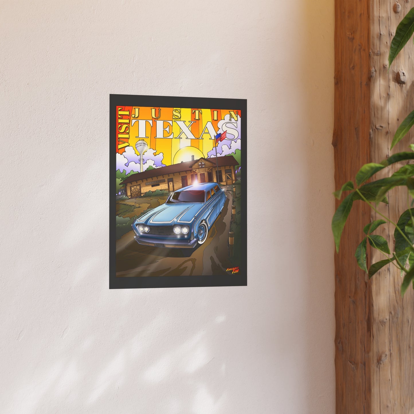 VISIT JUSTIN TEXAS Vintage 1960 Ford Ranch Wagon Satin/Matte Fireball Art Poster