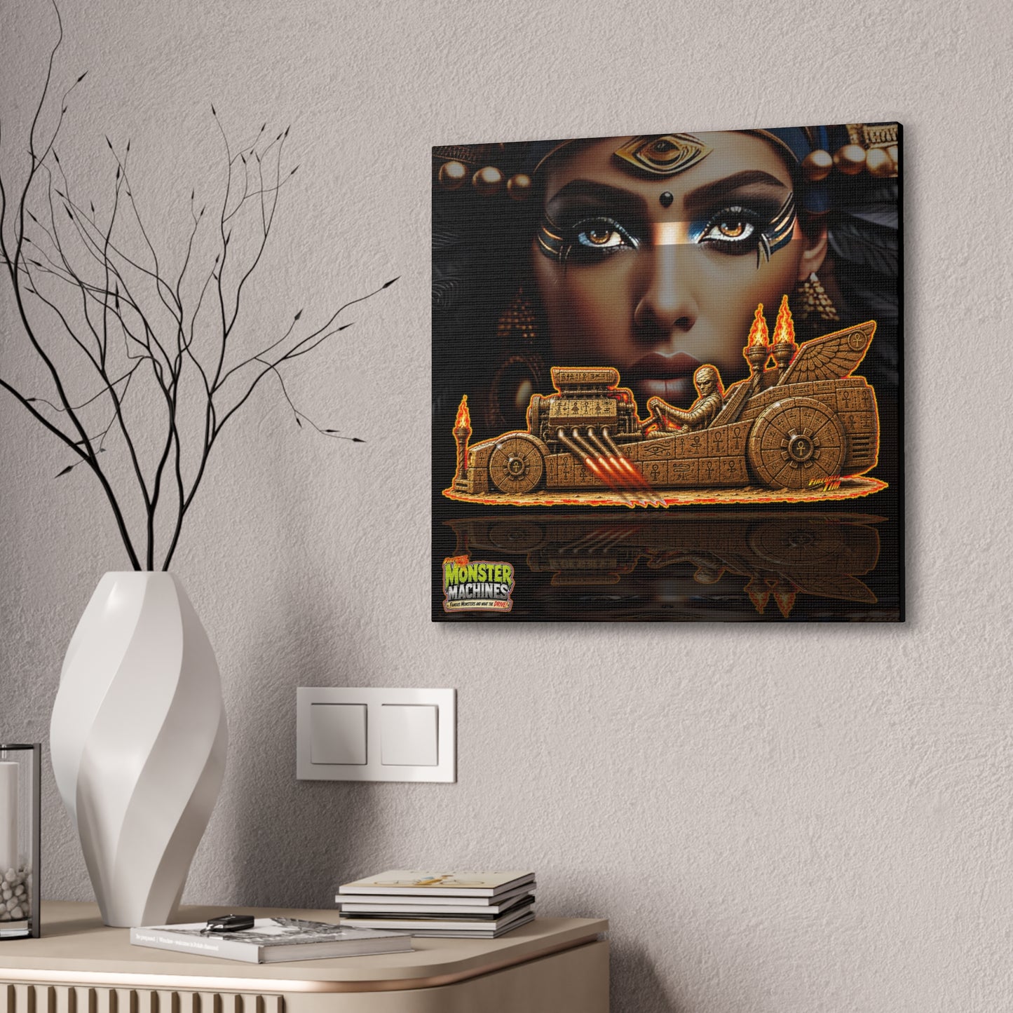 MONSTER MACHINES The Mummy Halloween Collectible Fireball Art Canvas Stretched Print