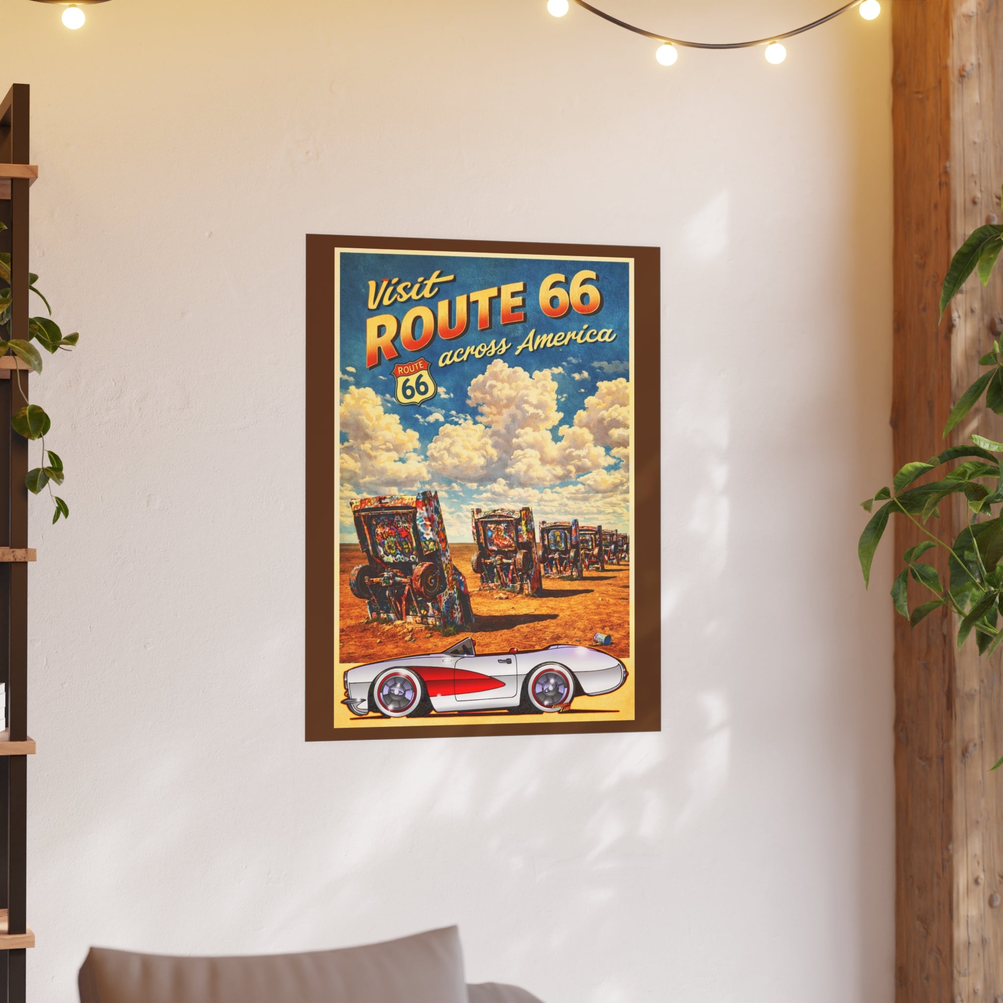 VISIT ROUTE 66 Cadillac Ranch Corvette #1 Vintage Fireball Art