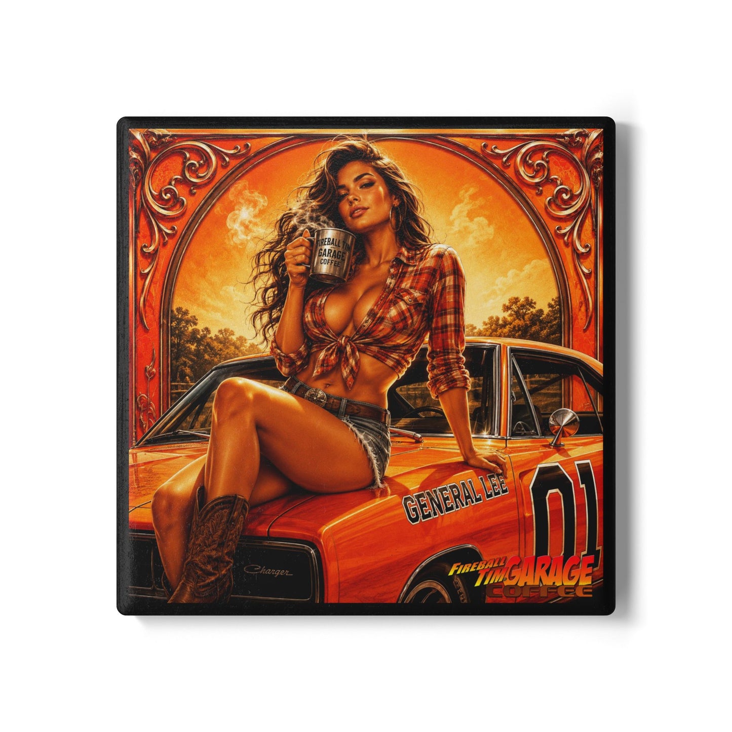 HIGH-OCTANE HAZZARD Pinup Muscle Car Ceramic Coffee Coaster — Retro Garage 'General Lee' Dukes of Hazzard
