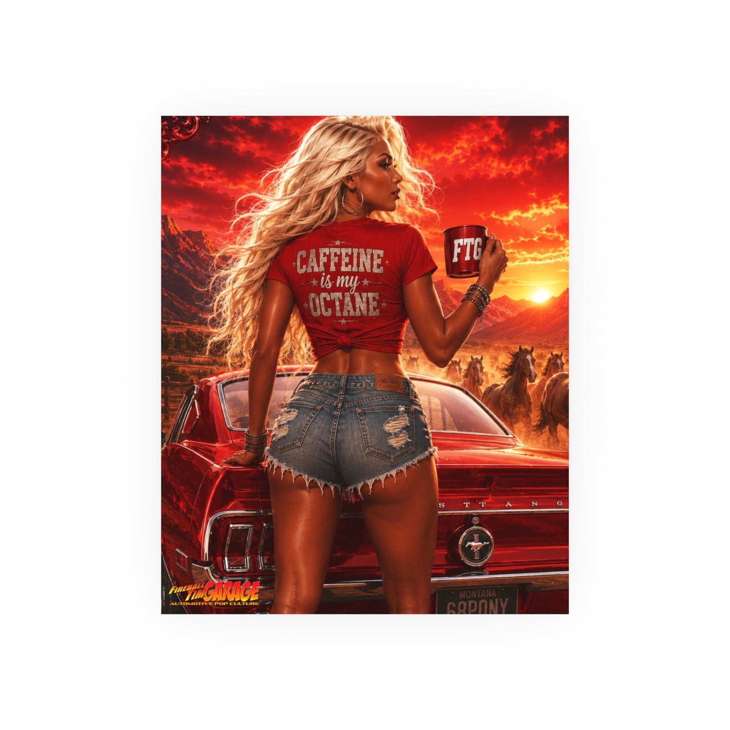 CINNABON FIRE ROAST Ford Mustang Vintage Fireball Art Travel Pinup Poster