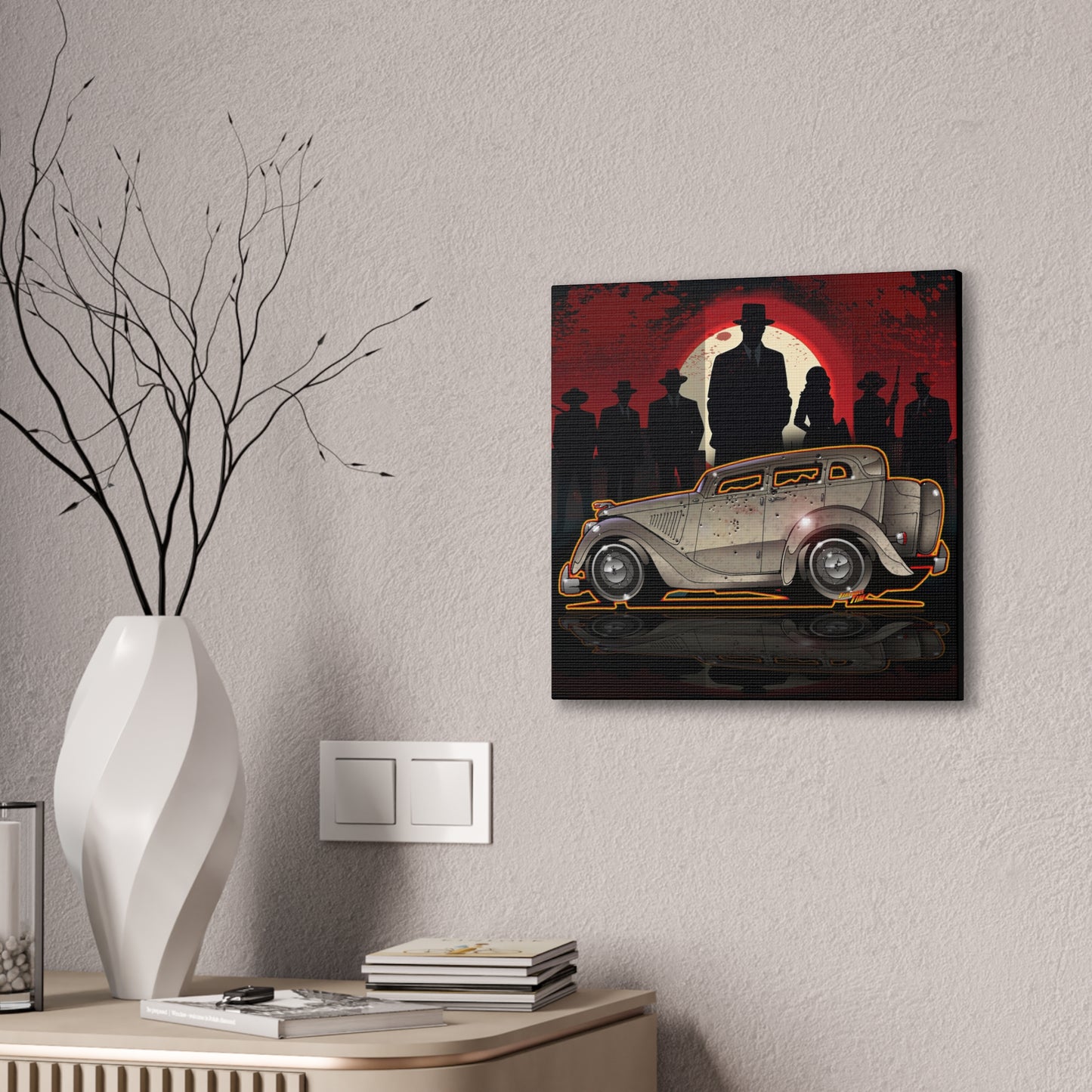 BONNIE & CLYDE 1934 Ford Model 730 Deluxe Sedan Fireball Art Canvas Print - 12x12