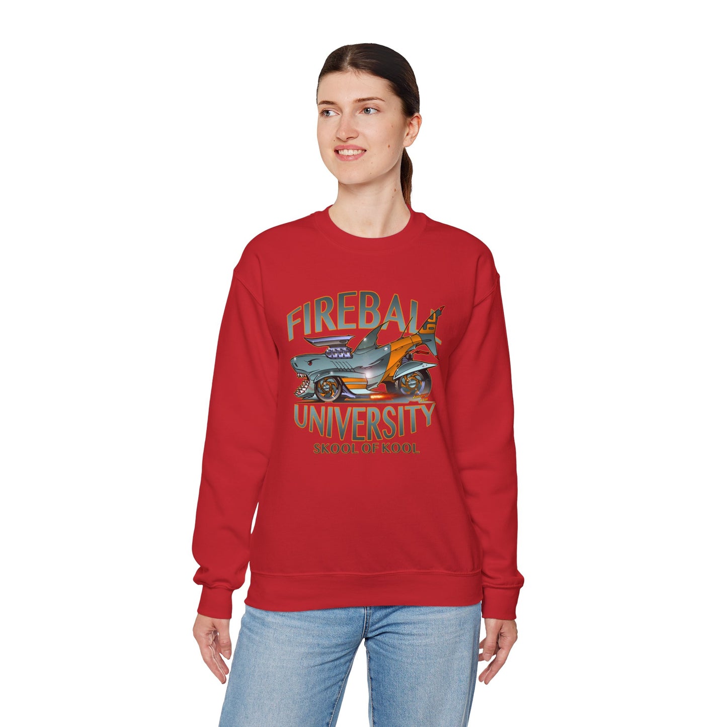 FIREBALL UNIVERSITY Skool of Kool Maneater Shark Hot Rod Concept Art Sweatshirt 5 Colors