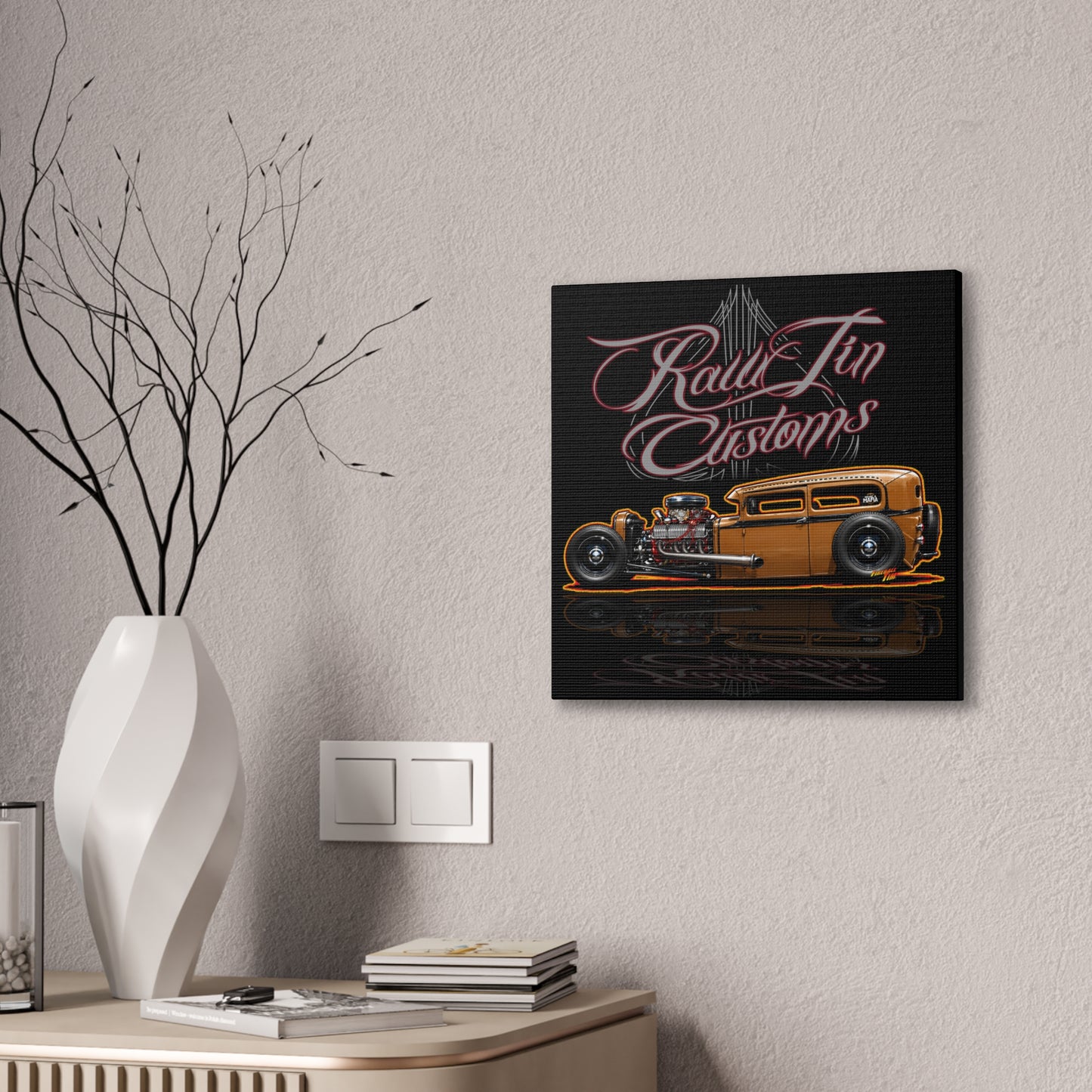 RAWTIN CUSTOMS HOT ROD Collectible Fireball Art Canvas Stretched Print