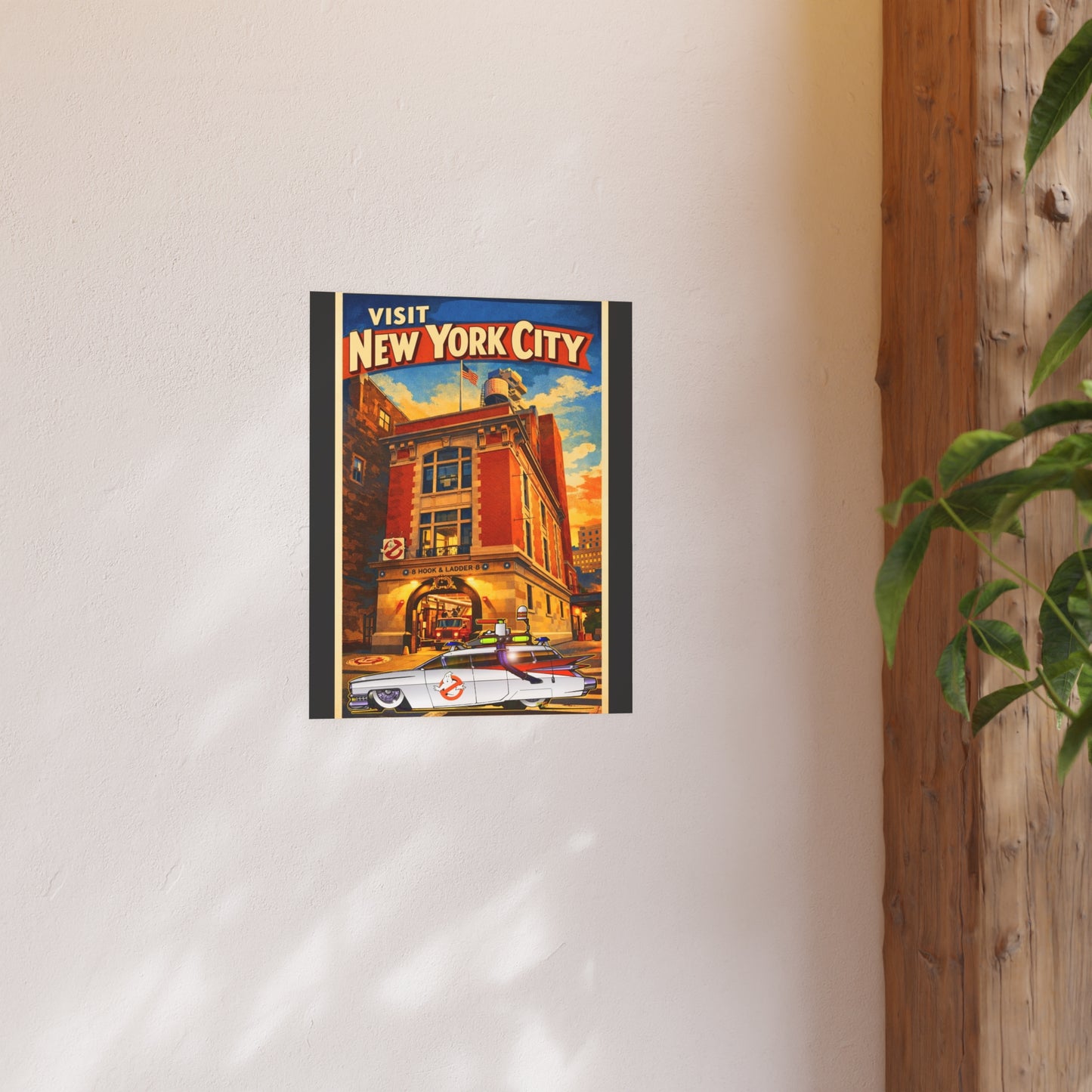 VISIT NEW YORK CITY Vintage Ghostbusters Cadillac Ambulance Fireball Art Travel Poster