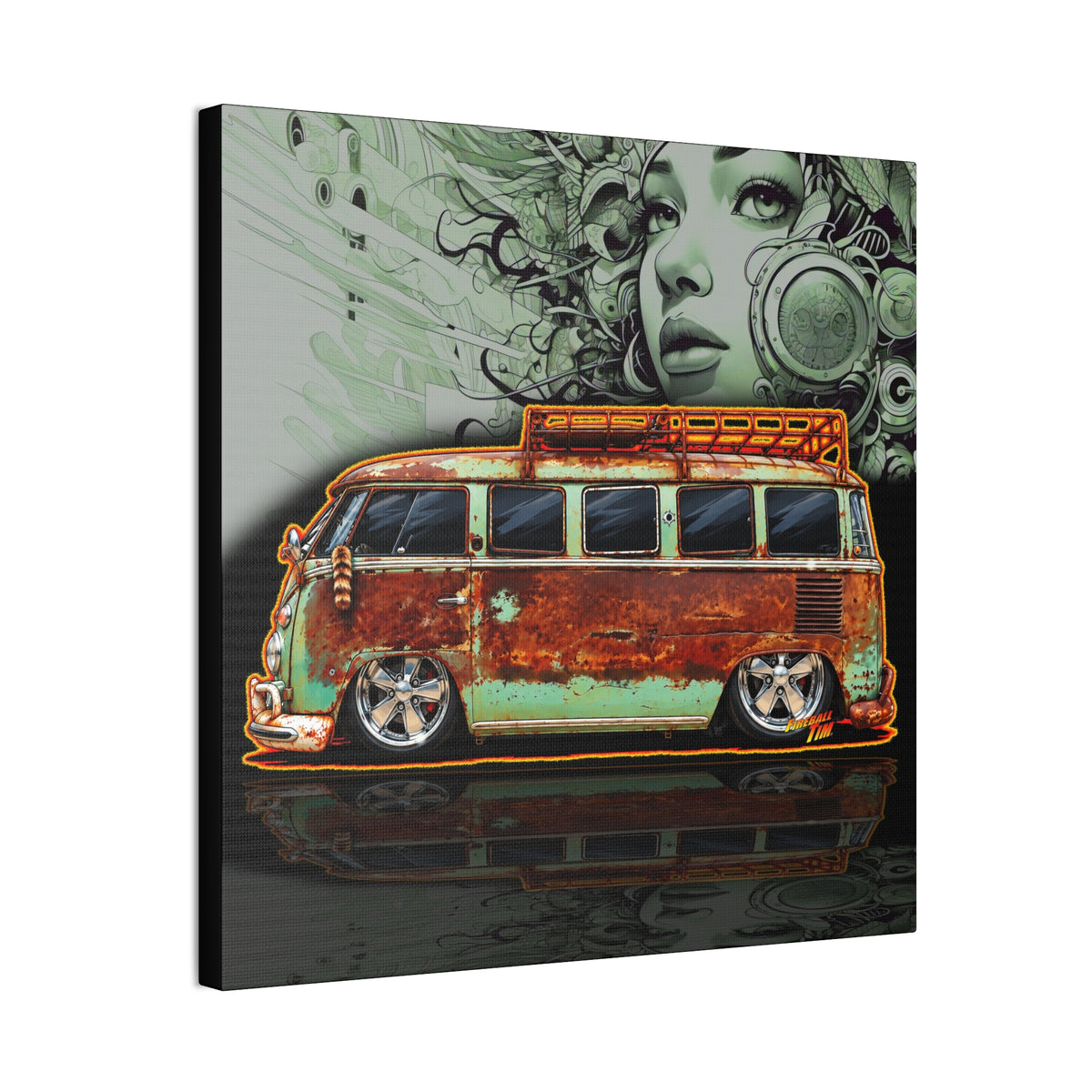 KUSTOM VW VOLKSWAGEN BUS Collectible Fireball Art Canvas Stretched Print
