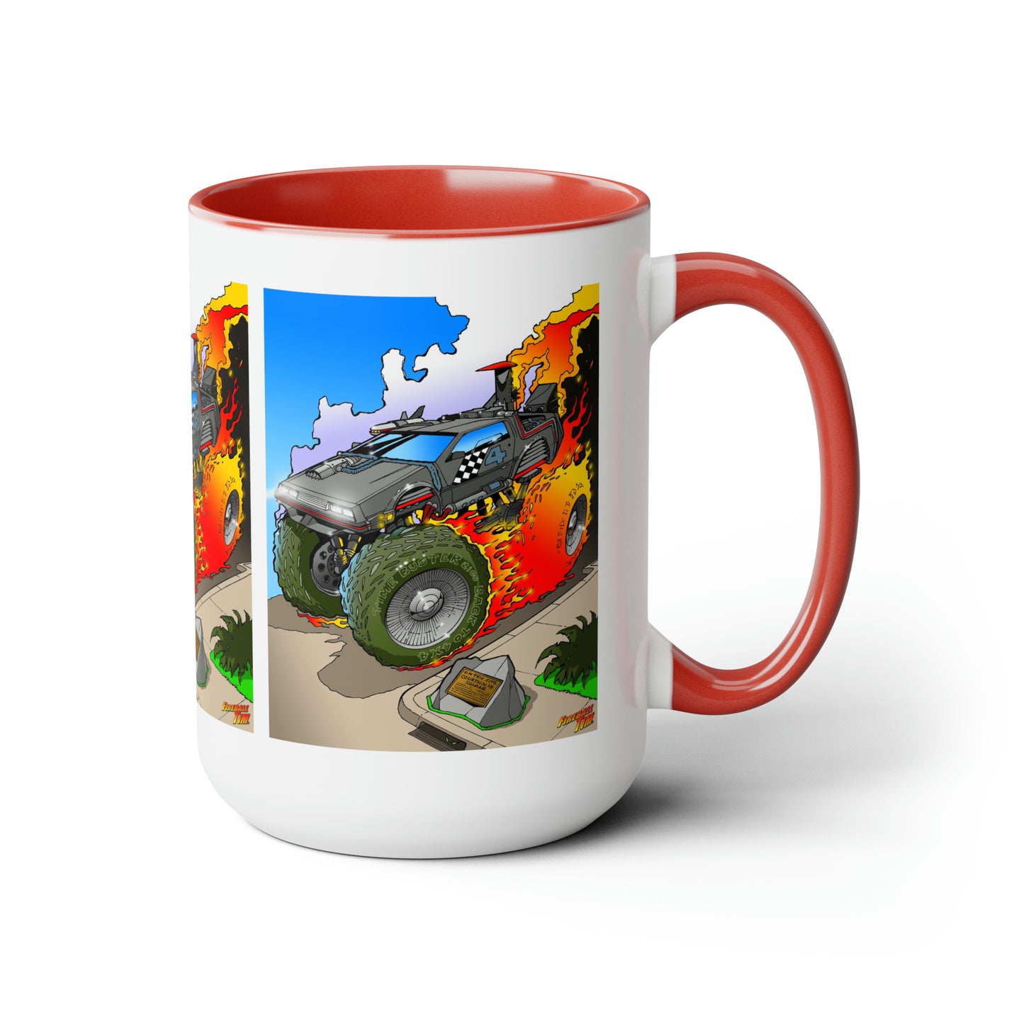 BACK to the FUTURE Delorean Monster Truck, Coffee Mug, Time Machine Delorean, BTTF, Fireball Tim Art, Car, Cars, Car Illustration
