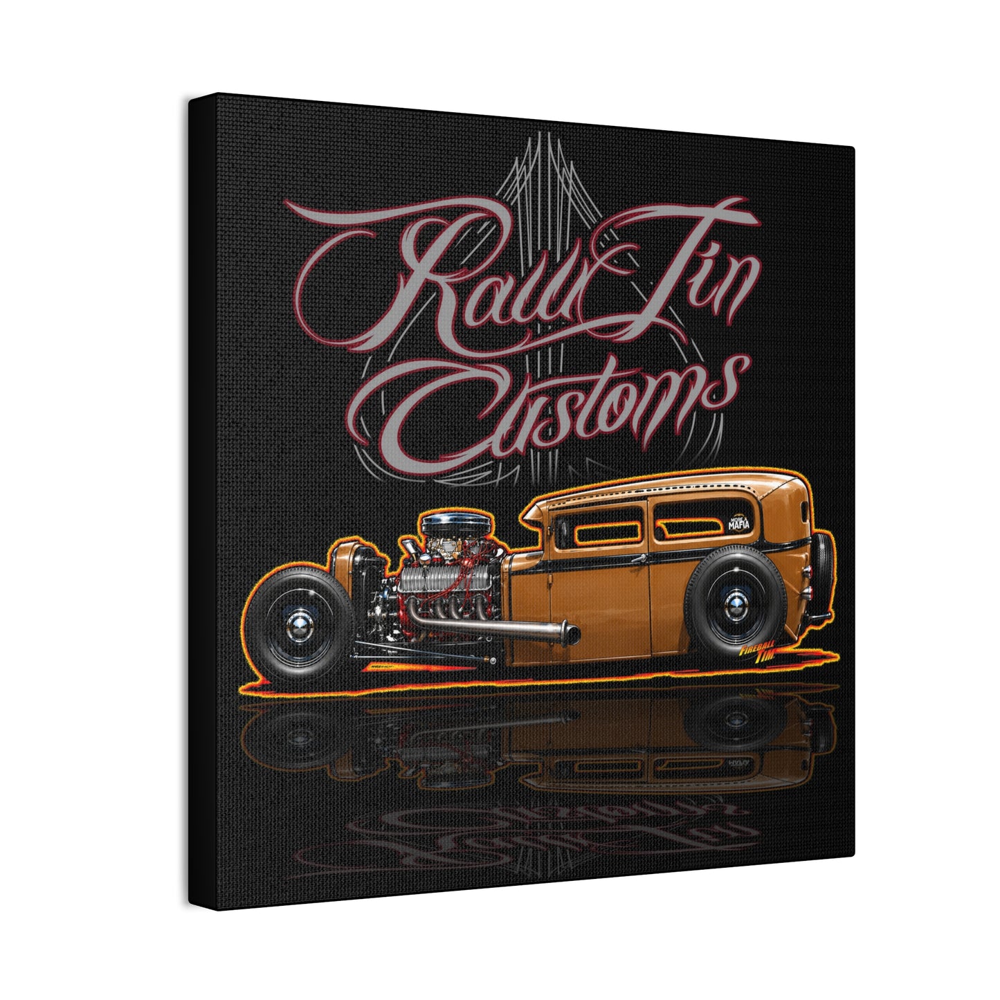 RAWTIN CUSTOMS HOT ROD Collectible Fireball Art Canvas Stretched Print