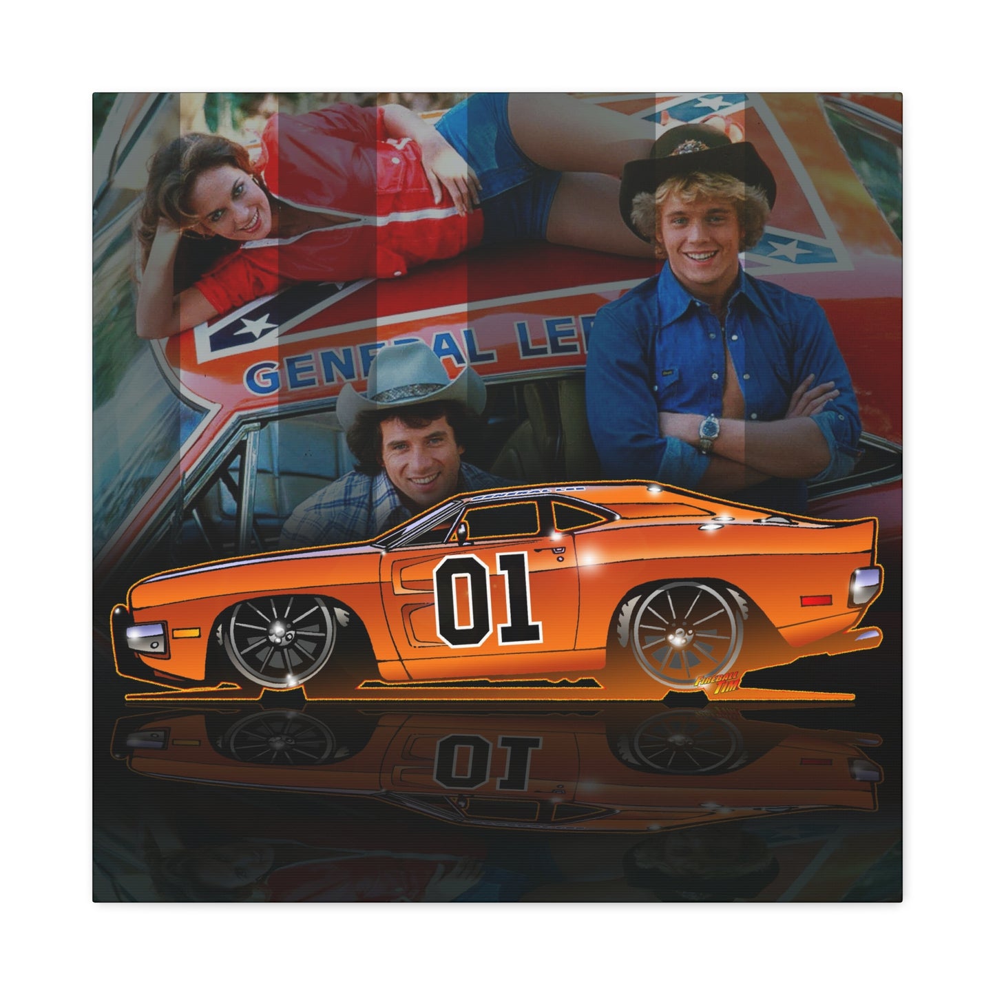 DUKES OF HAZZARD General Lee Dodge Charger Fireball Art Canvas Wall Print - 12x12