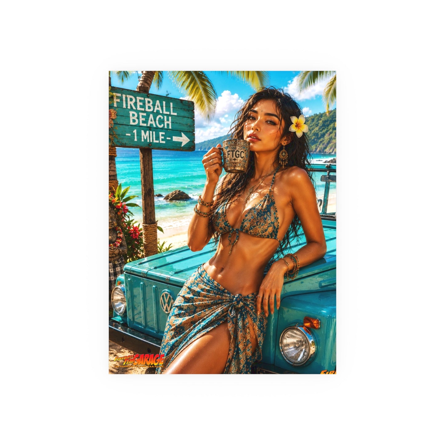 BALI BEACH VW Thing Vintage Fireball Art Travel Poster Satin/Matte