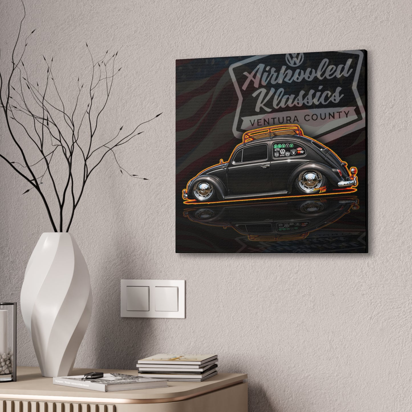 AIRKOOLED KLASSICS Custom VW Bug Collectible Fireball Art Canvas Stretched Print