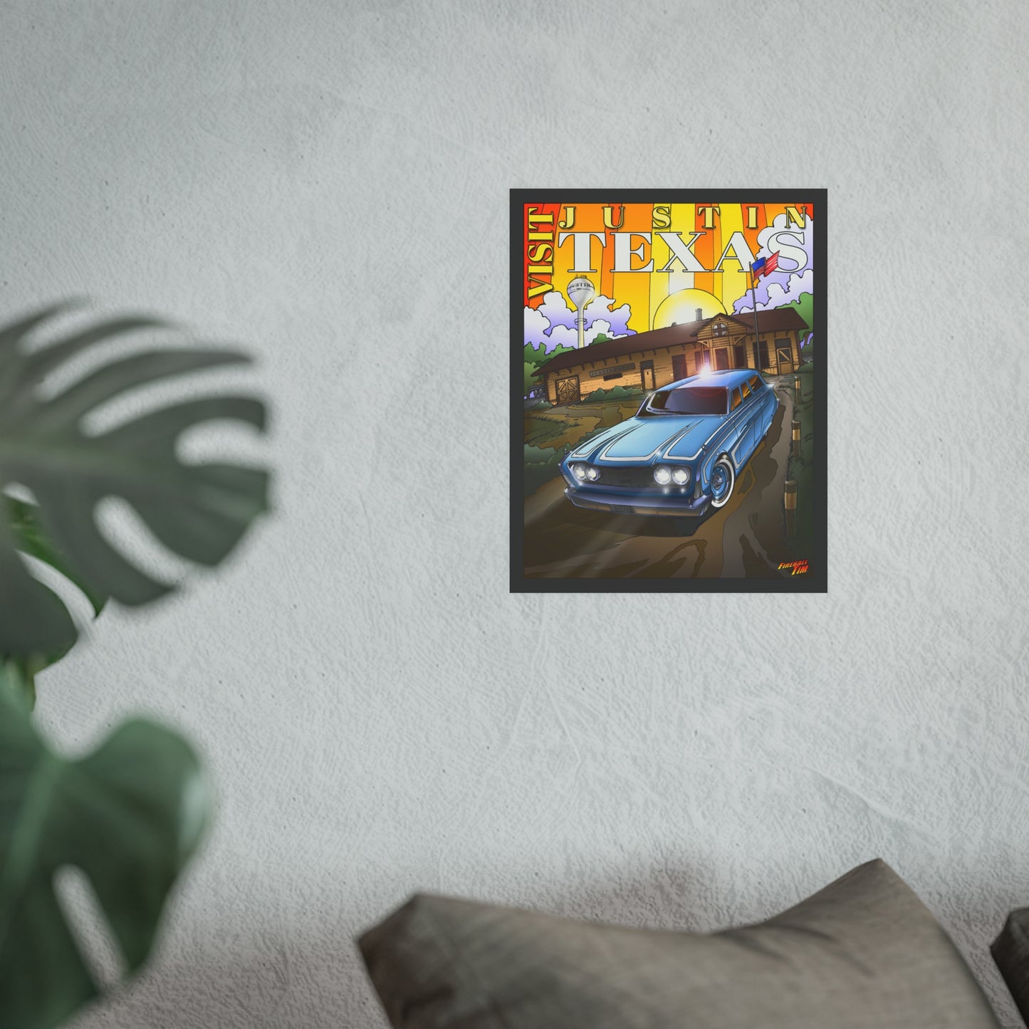 VISIT JUSTIN TEXAS Vintage 1960 Ford Ranch Wagon Satin/Matte Fireball Art Poster