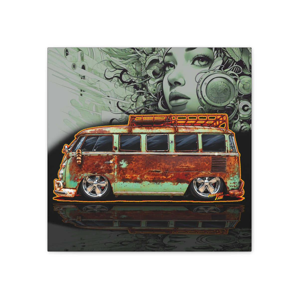 KUSTOM VW VOLKSWAGEN BUS Collectible Fireball Art Canvas Stretched Print