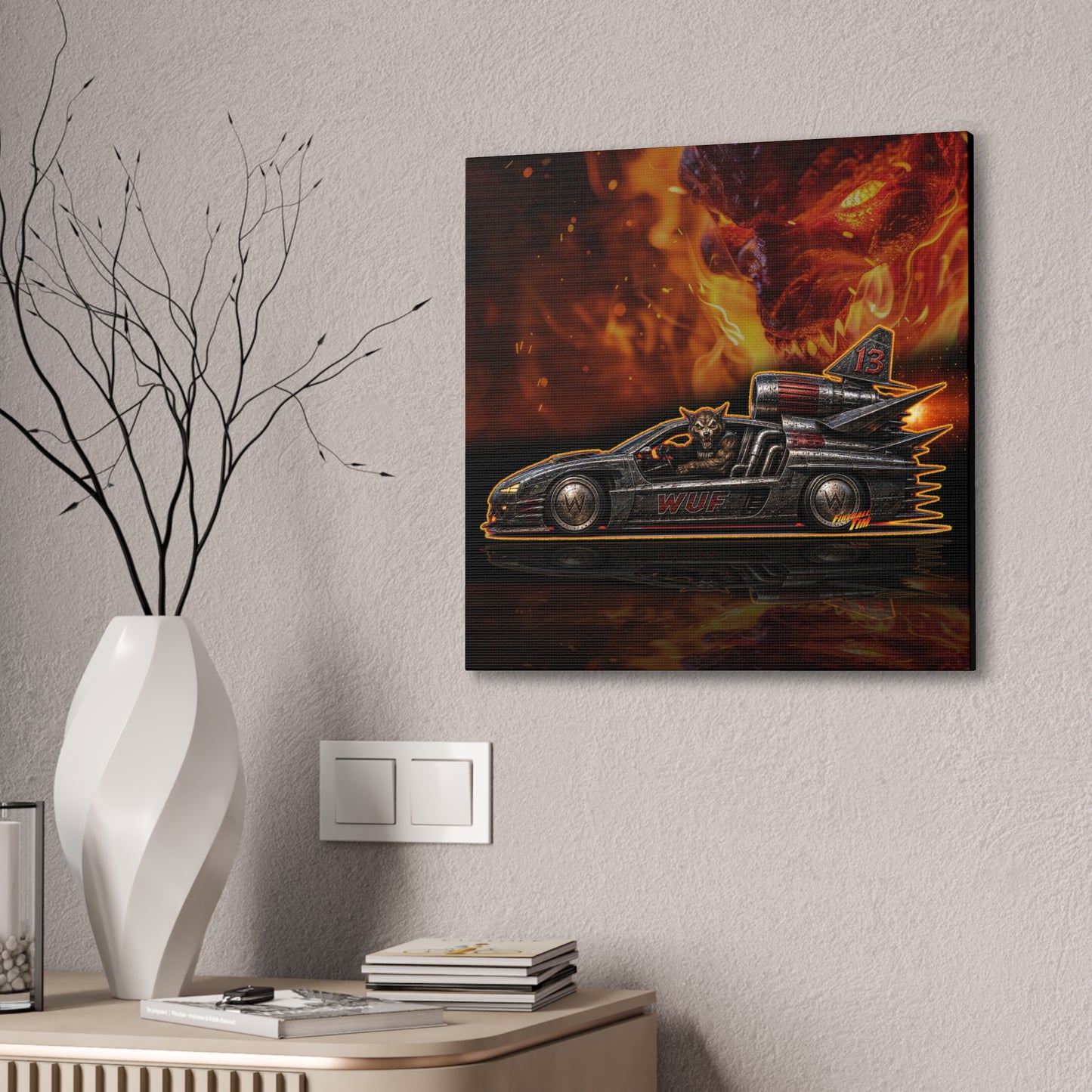 MONSTER MACHINES Wufman Halloween Fireball Art Canvas Stretched Print