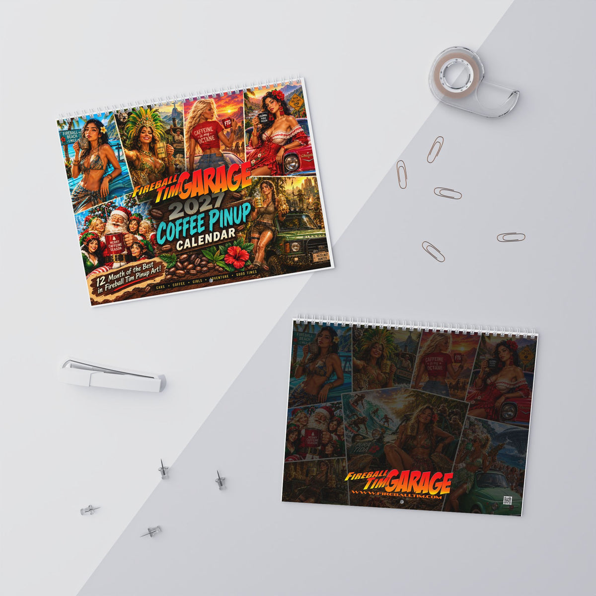 FIREBALL TIM GARAGE Coffee Pinup Art 2027 Wall Calendar - 8.5x11