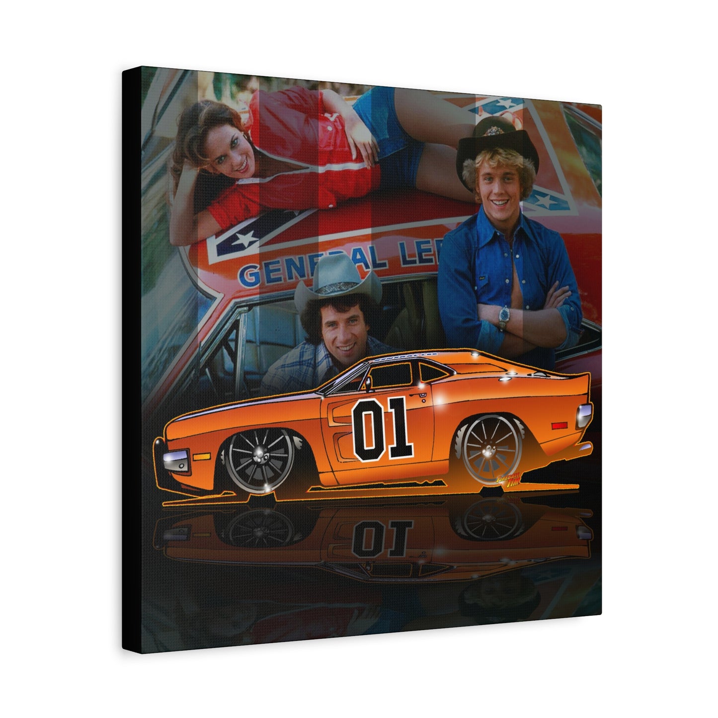 DUKES OF HAZZARD General Lee Dodge Charger Fireball Art Canvas Wall Print - 12x12