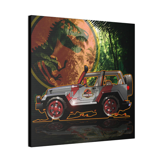JURASSIC PARK JEEP Canvas Art Print - 2 Sizes, Nostalgic Wall Decor for Dinosaur Lovers, Adventure Theme Art, Movie Art