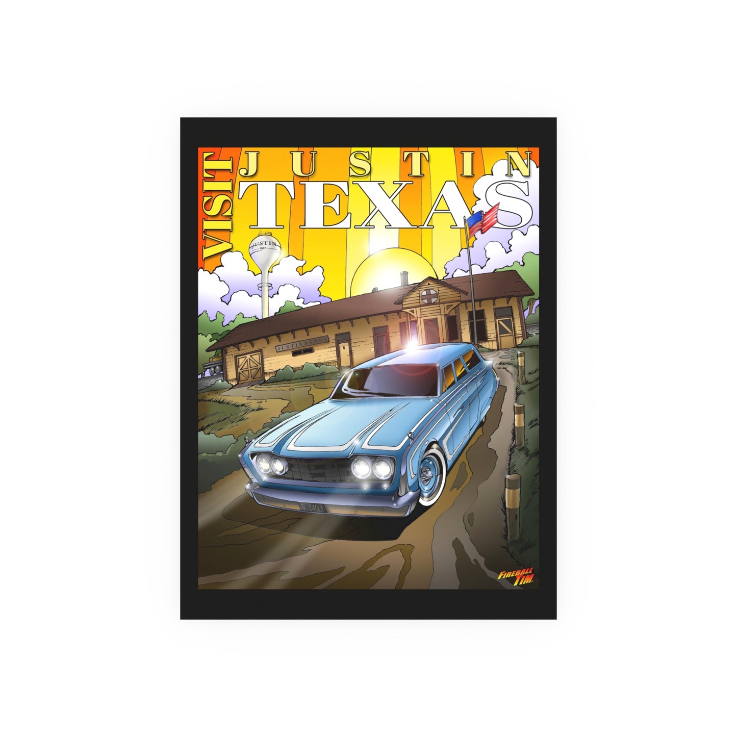 VISIT JUSTIN TEXAS Vintage 1960 Ford Ranch Wagon Satin/Matte Fireball Art Poster