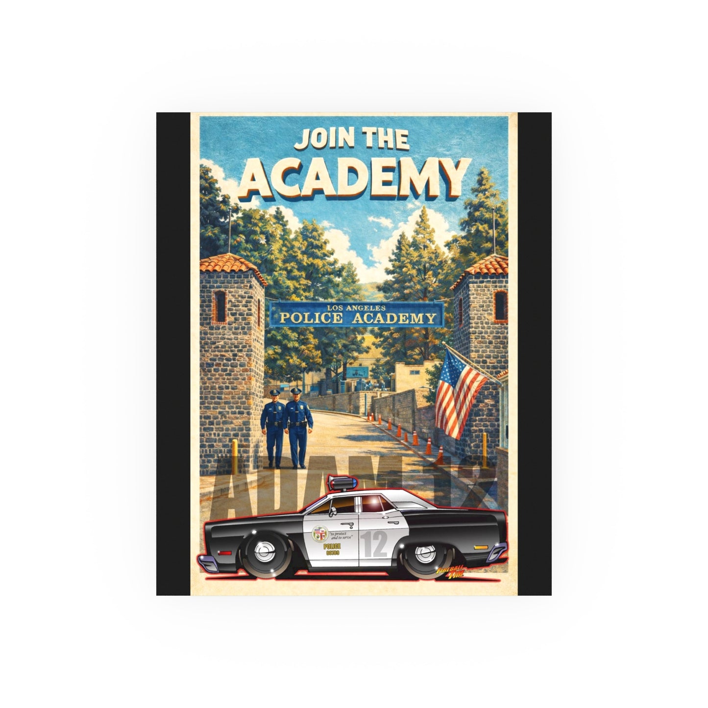 VISIT LOS ANGELES POLICE ACADEMY Adam 12 Plymouth Vintage Fireball Art Travel Poster Satin/Matte