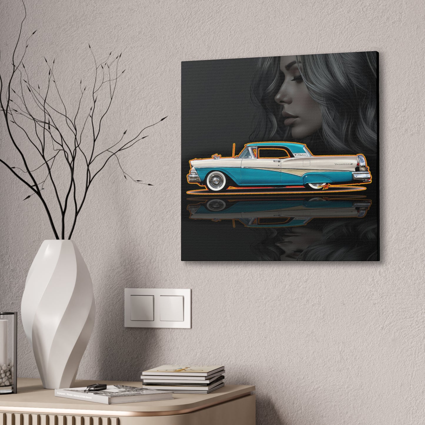 FORD FAIRLANE SKYLINER 1958 Collectible Fireball Art Canvas Stretched Print