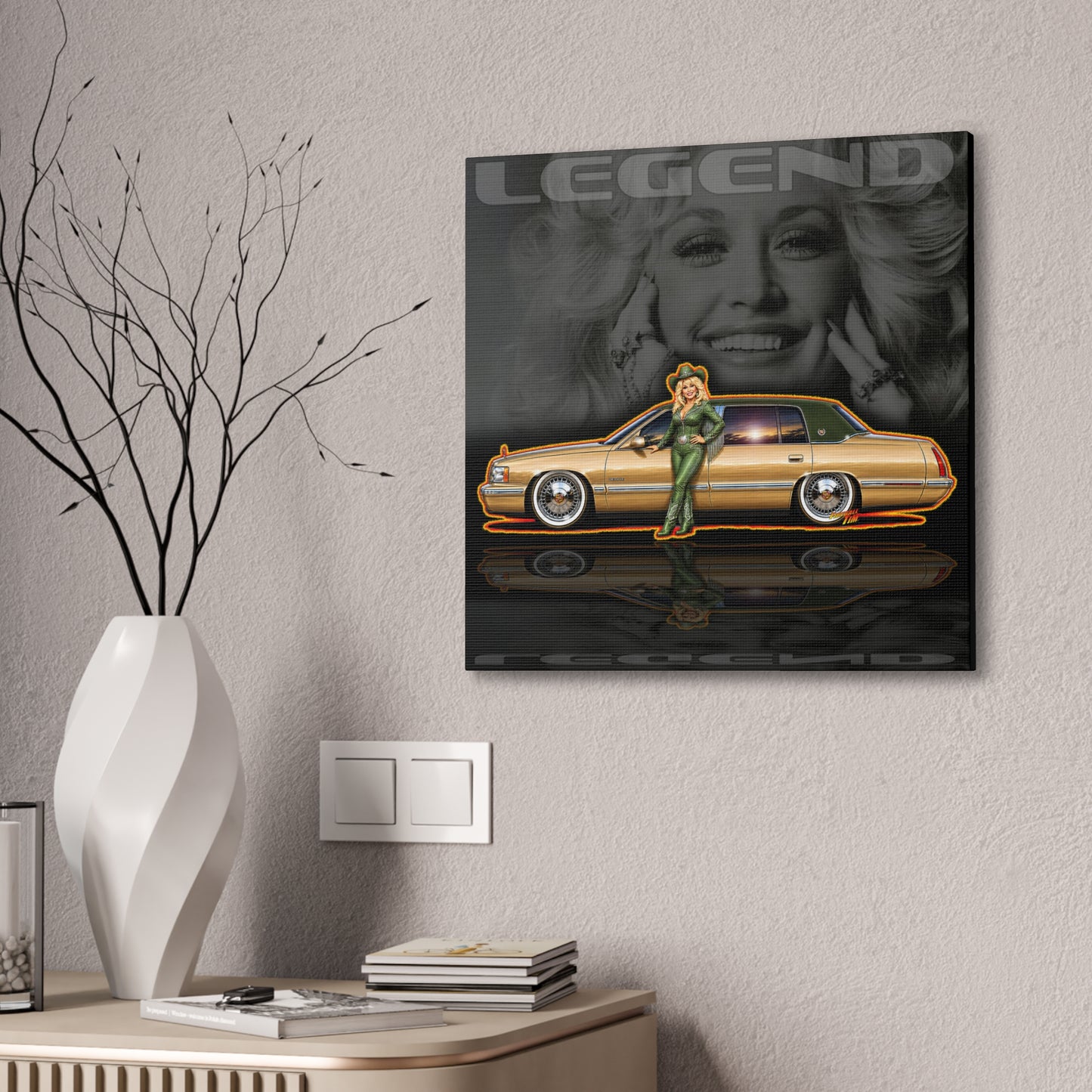 DOLLY PARTON TRIBUTE 1997 Cadillac DeVille Collectible Fireball Art Canvas Stretched Print