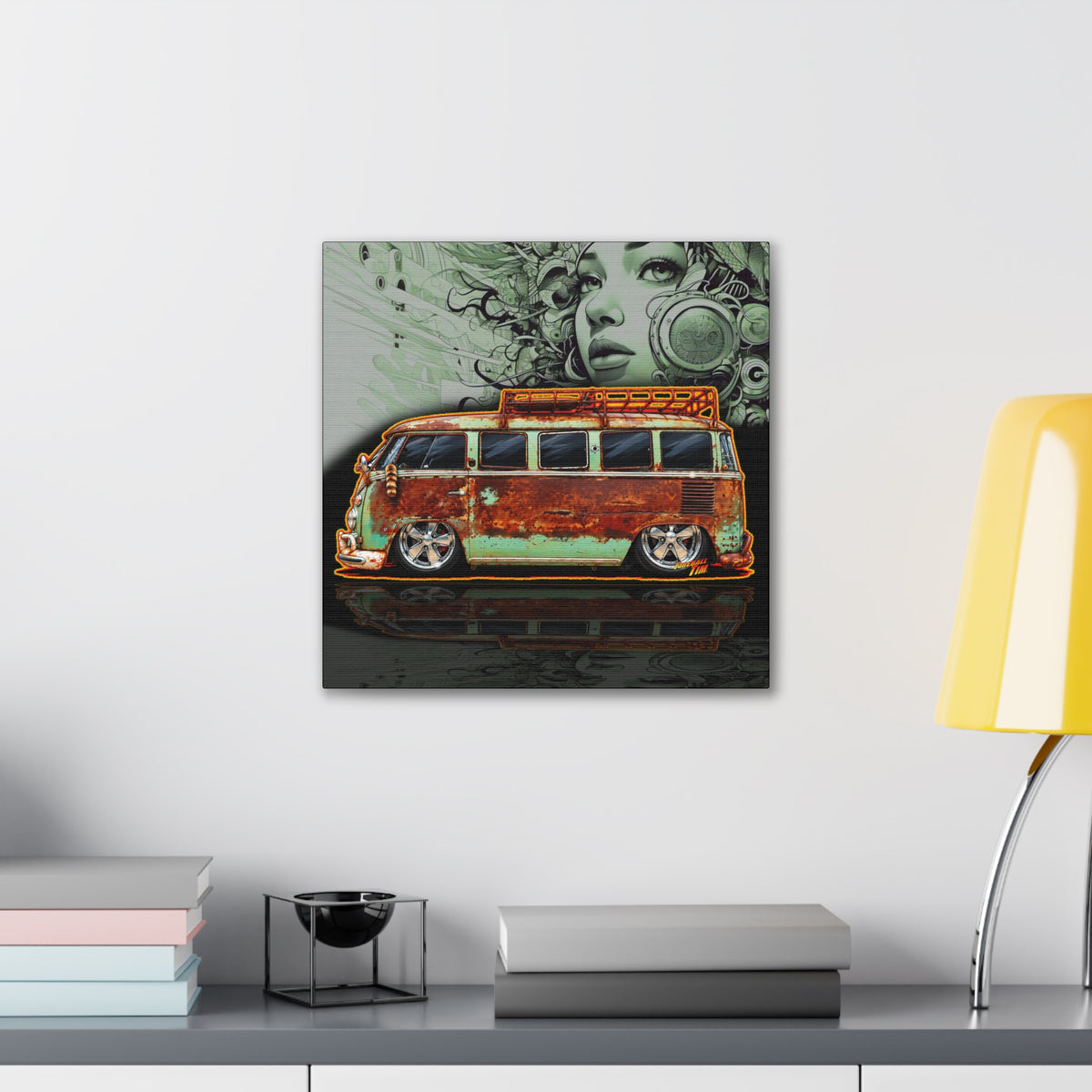 KUSTOM VW VOLKSWAGEN BUS Collectible Fireball Art Canvas Stretched Print