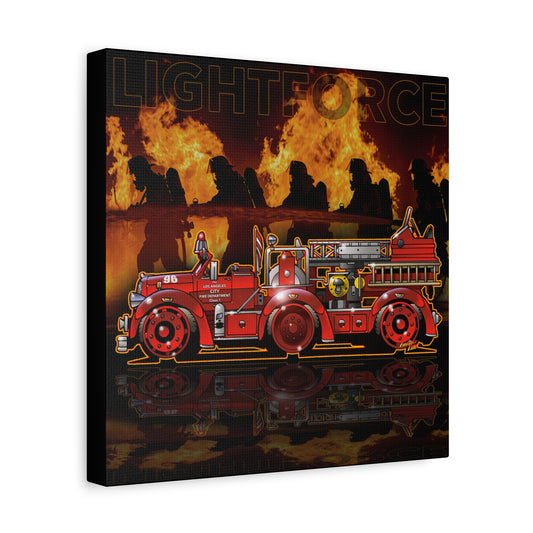 LIGHTFORCE VINTAGE 1940 AERIAL LADDER FIRE TRUCK Fireball Art Canvas Print - 12x12