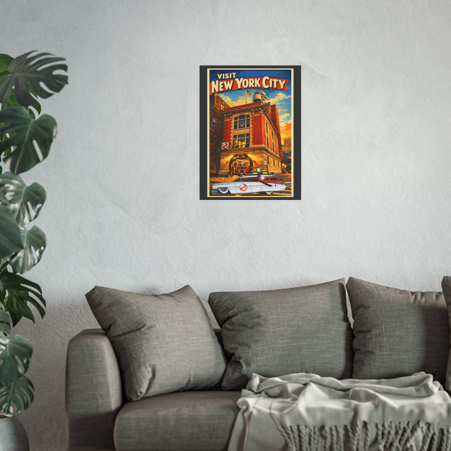 VISIT NEW YORK CITY Vintage Ghostbusters Cadillac Ambulance Fireball Art Travel Poster