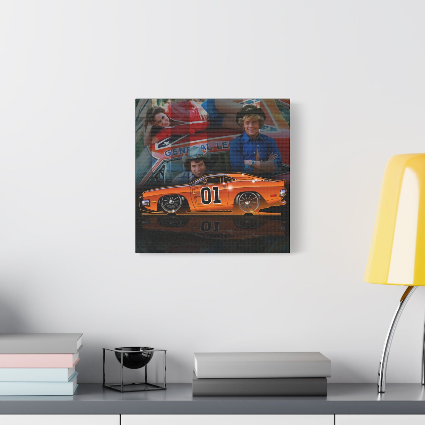 DUKES OF HAZZARD General Lee Dodge Charger Fireball Art Canvas Wall Print - 12x12