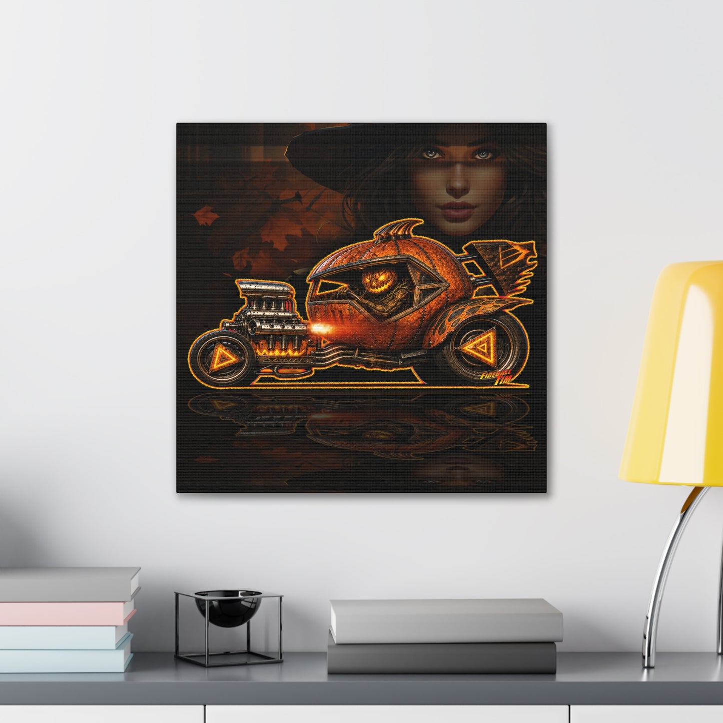 MONSTER MACHINES Halloween Power Pumpkin Collectible Fireball Art Canvas Stretched Print